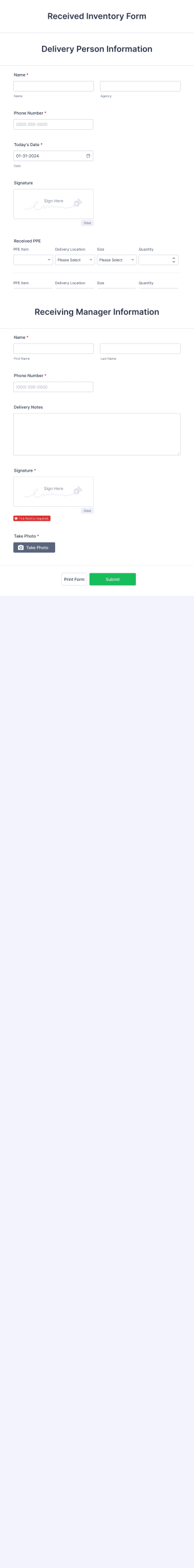 Received Inventory Form Template