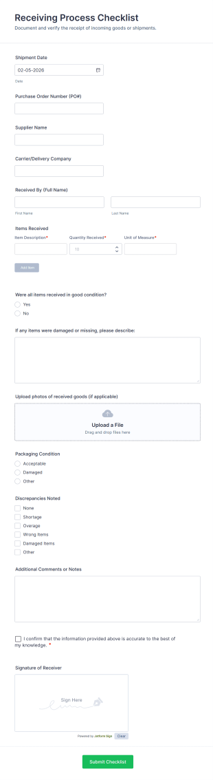 Receiving Process Checklist Form Template