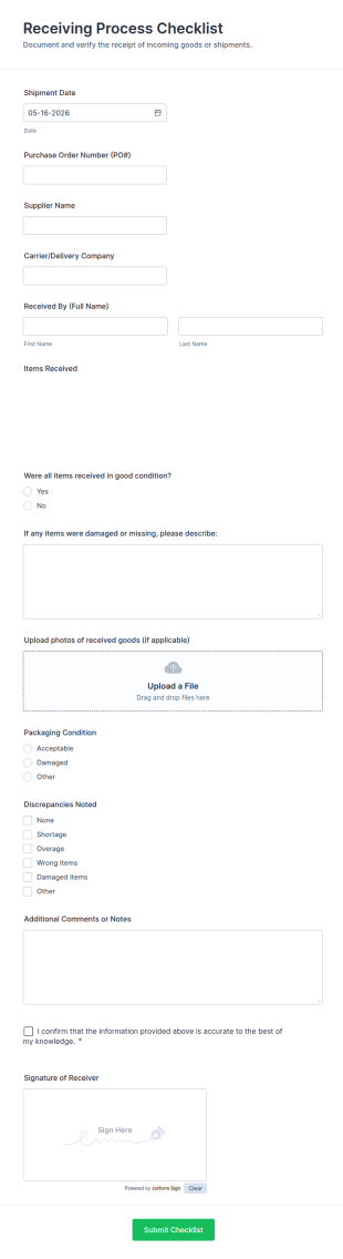 Receiving Process Checklist Form Template