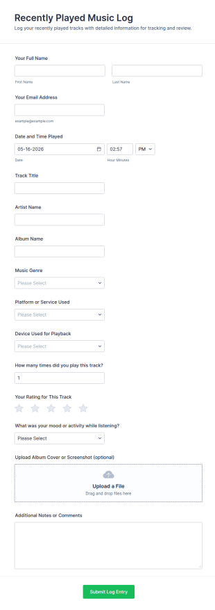 Recently Played Music Log Form Template