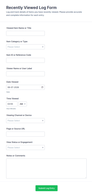 Recently Viewed Log Form Template