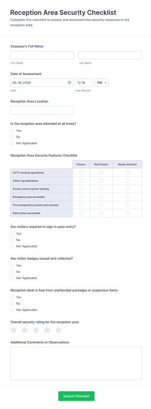 Reception Area Security Checklist Form Template