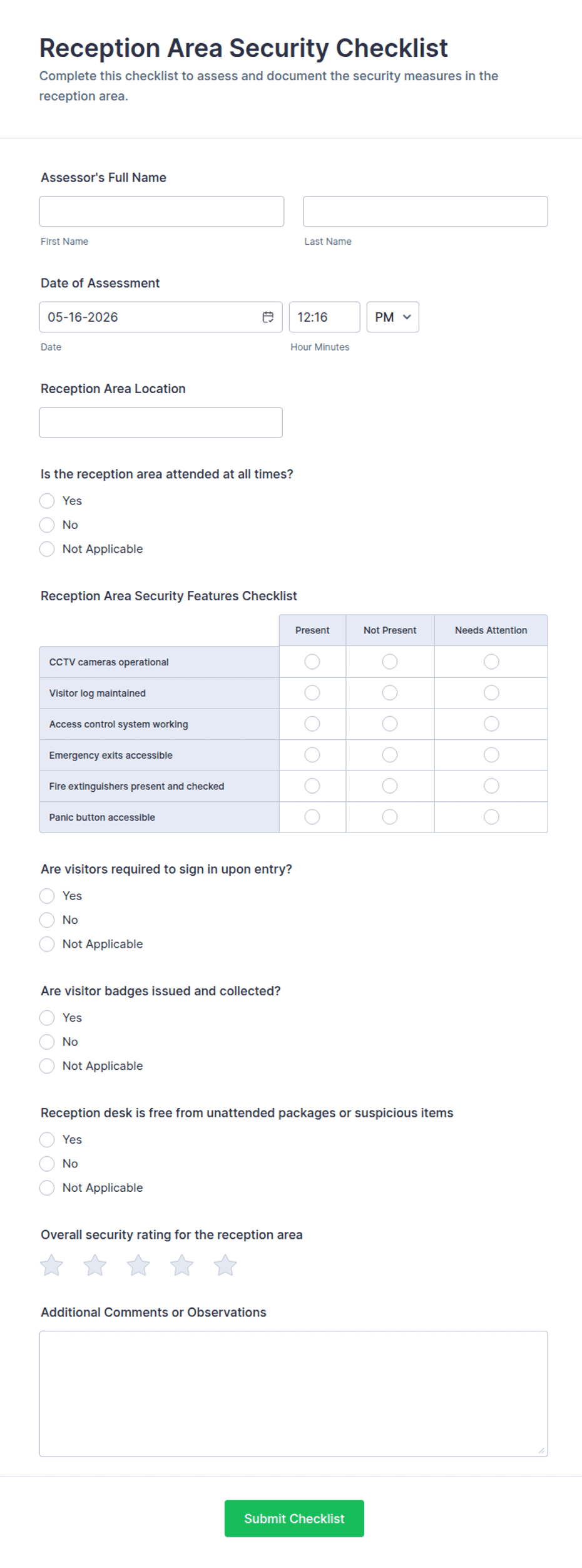 Reception Area Security Checklist Form Template | Jotform