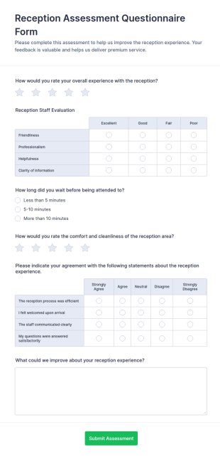 Reception Assessment Questionnaire Form Template