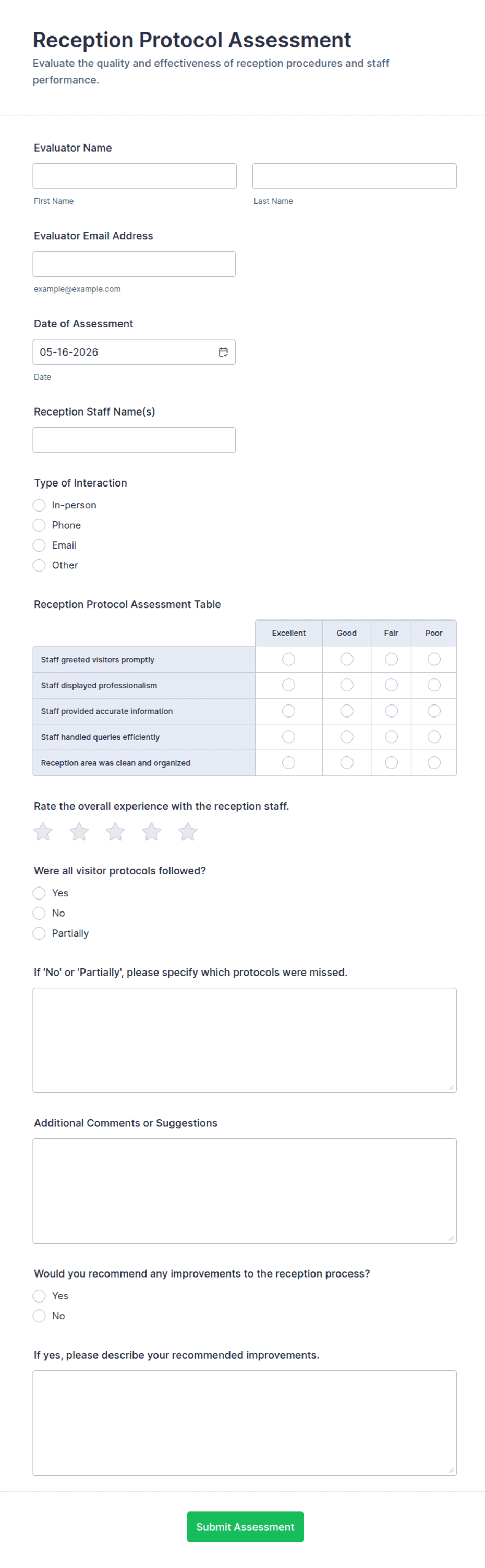 Reception Protocol Assessment Form Template | Jotform