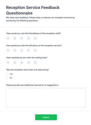 Reception Service Feedback Questionnaire Form Template