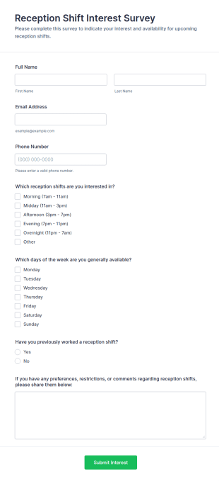 Reception Shift Interest Survey Form Template