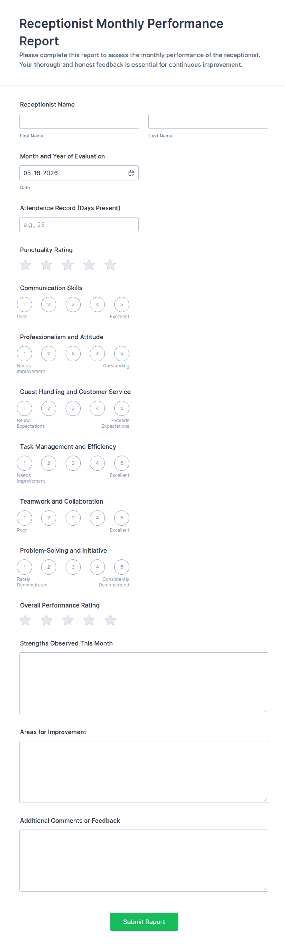 Receptionist Monthly Performance Report Form Template | Jotform