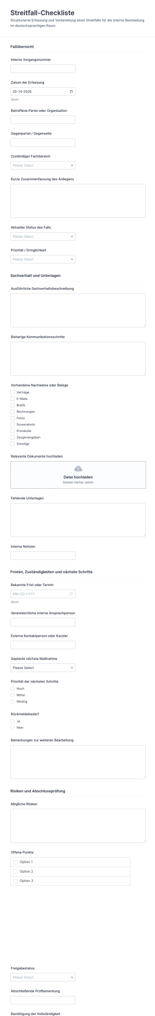 Rechtsstreit Liste Fragebogen