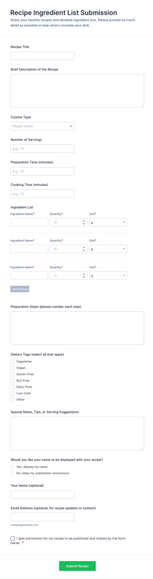 Recipe Ingredient List Submission Form Template