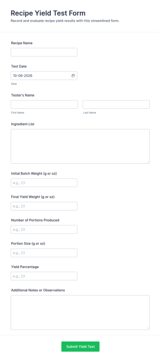 Recipe Yield Test Form Template