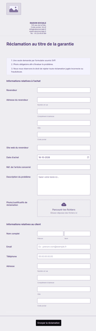 Réclamation Au Titre De La Garantie