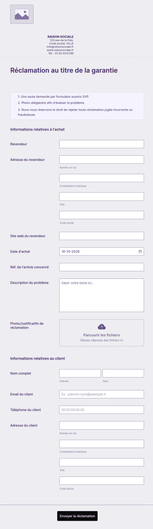 Réclamation Au Titre De La Garantie