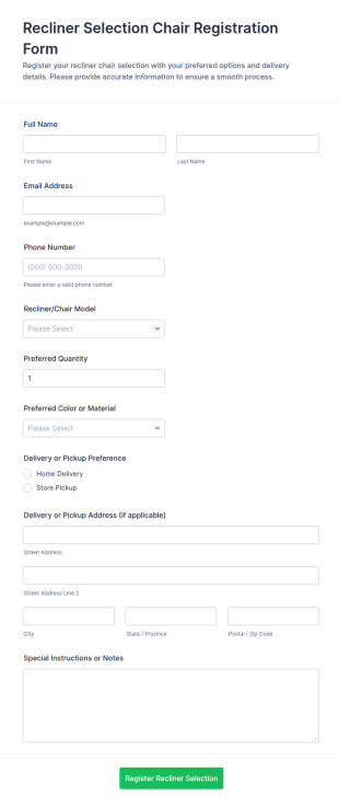 Recliner Selection Chair Registration Form Template