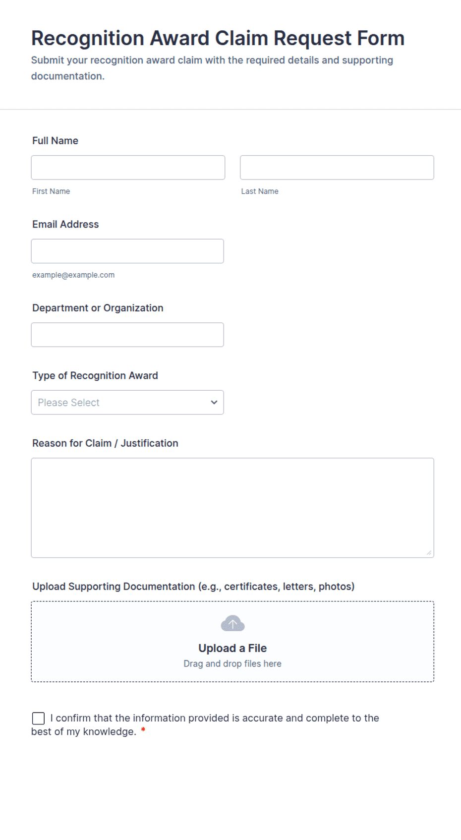 Recognition Program Database Form Recognition Award Claim Request Form Template | Jotform