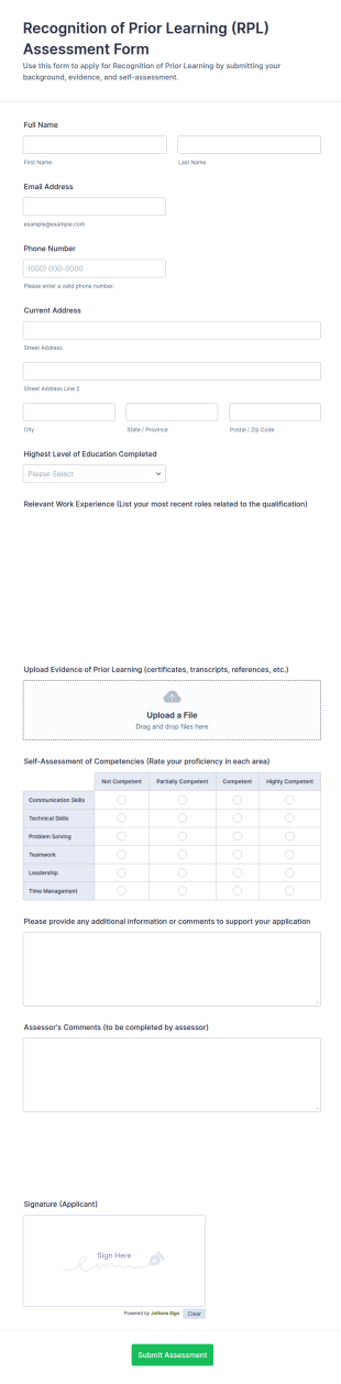 Recognition Of Prior Learning (RPL) Assessment Form Template