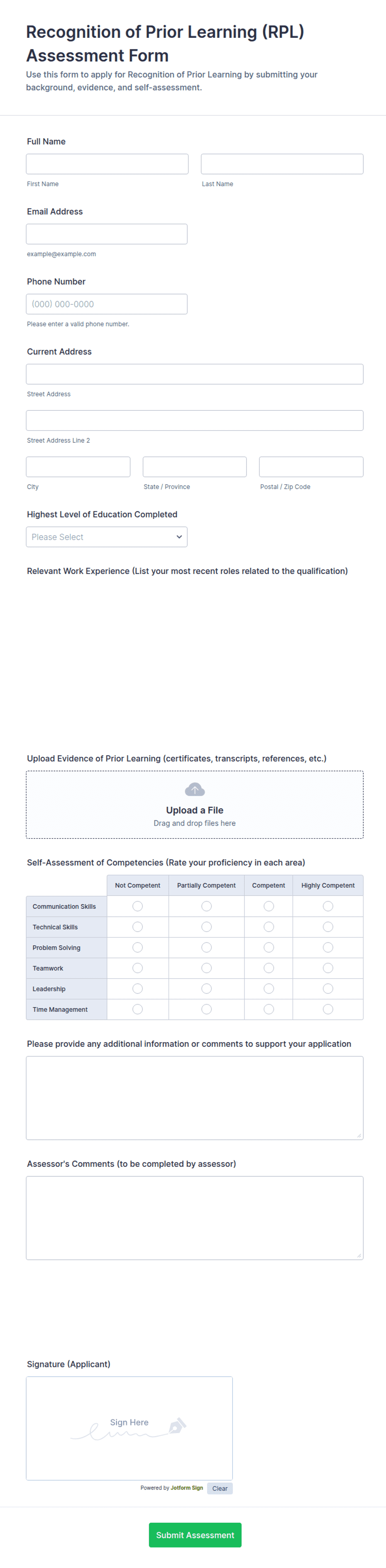 Recognition of Prior Learning (RPL) Assessment Form Template | Jotform