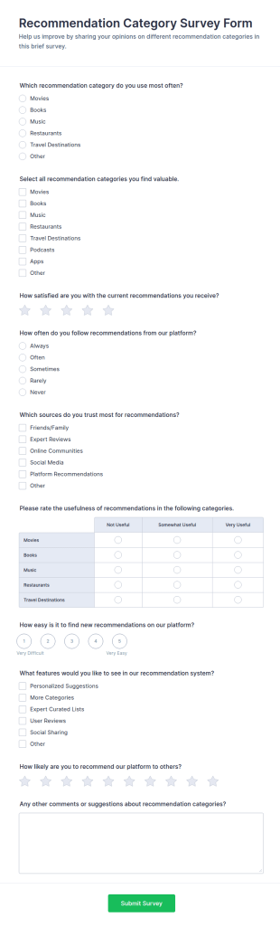 Recommendation Category Survey Form Template