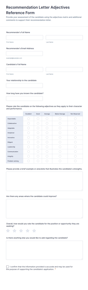 Recommendation Letter Adjectives Reference Form Template