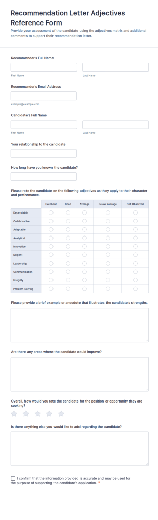 Recommendation Letter Adjectives Reference Form Template