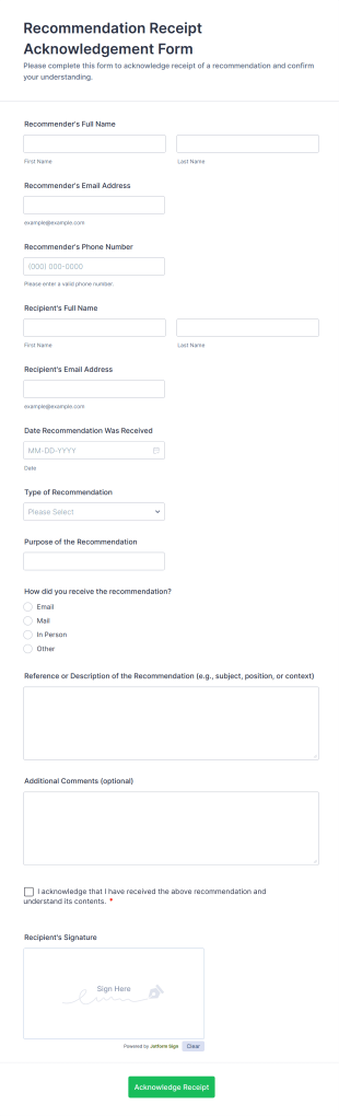 Recommendation Receipt Acknowledgement Form Template