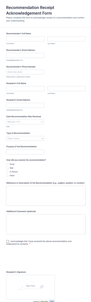 Recommendation Receipt Acknowledgement Form Template