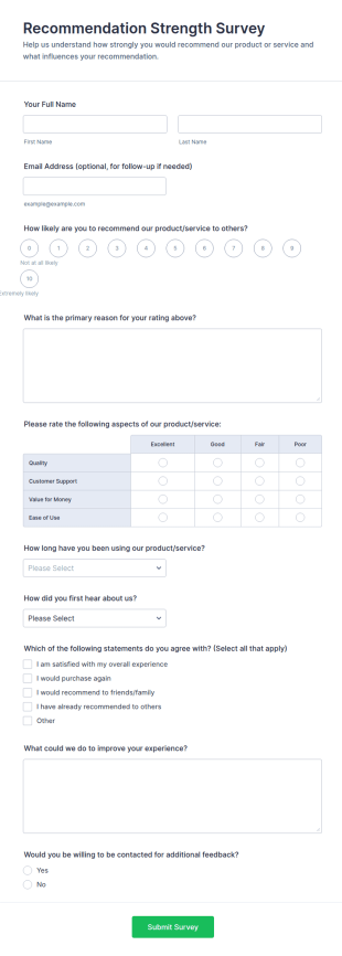 Recommendation Strength Survey Form Template