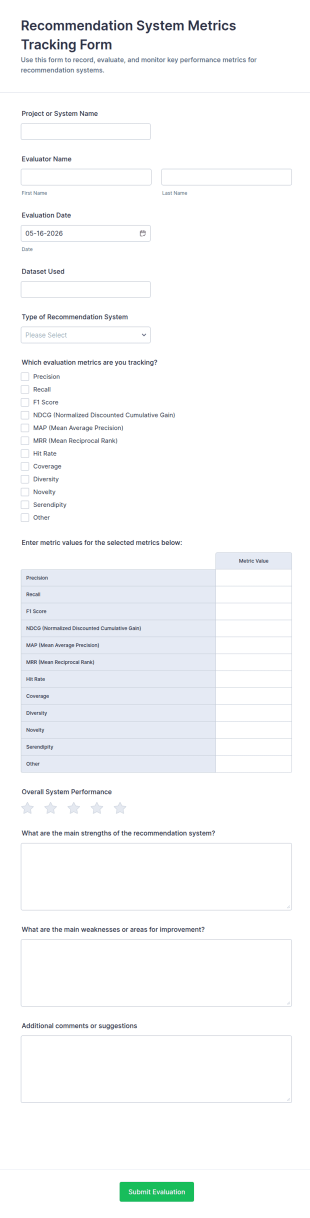 Recommendation System Metrics Tracking Form Template