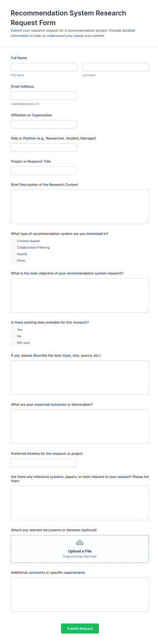 Recommendation System Research Request Form Template