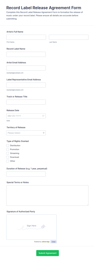 Record Label Release Agreement Form Template