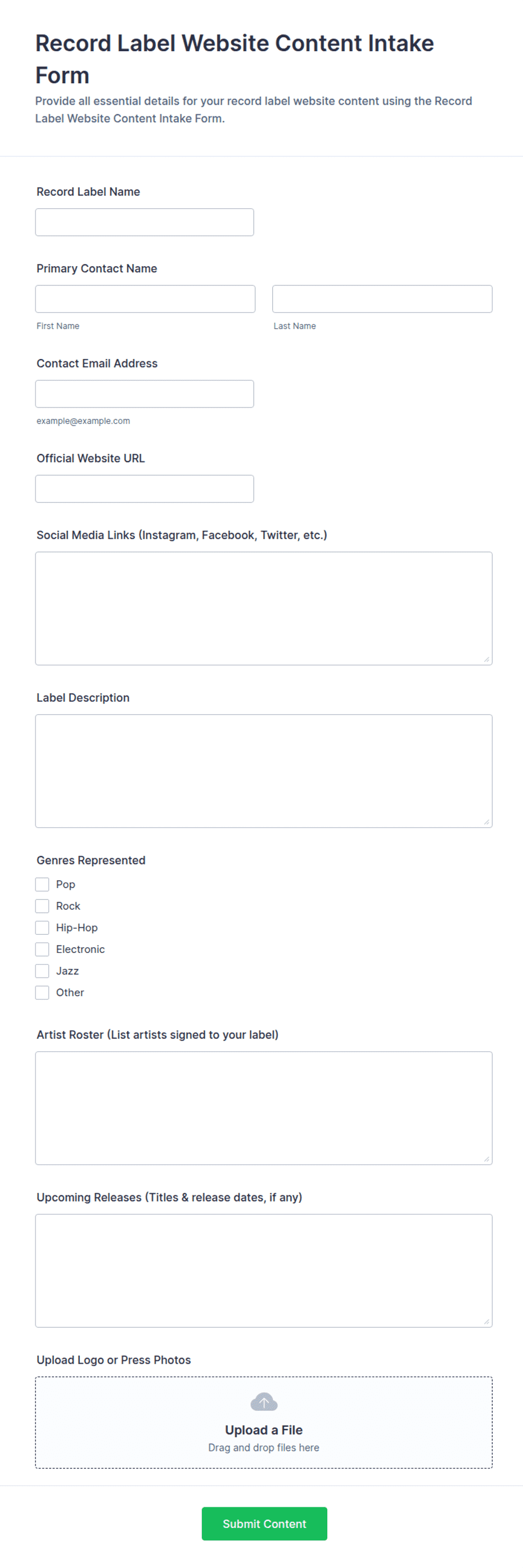Record Label Website Content Intake Form Template | Jotform
