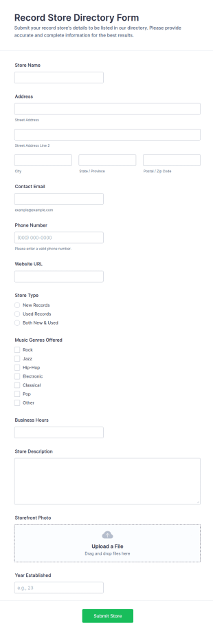 Record Store Directory Form Template