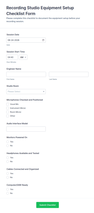 Recording Studio Equipment Setup Checklist Form Template