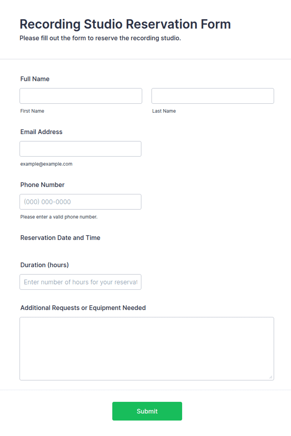 Recording Studio Reservation Form Template | Jotform