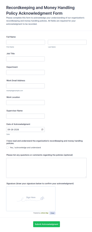 Recordkeeping And Money Handling Policy Acknowledgment Form Template