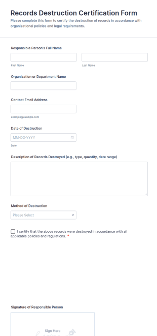 Records Destruction Certification Form Template