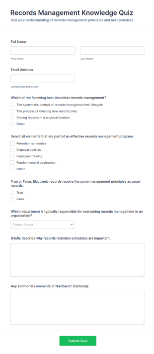 Records Management Knowledge Quiz Form Template