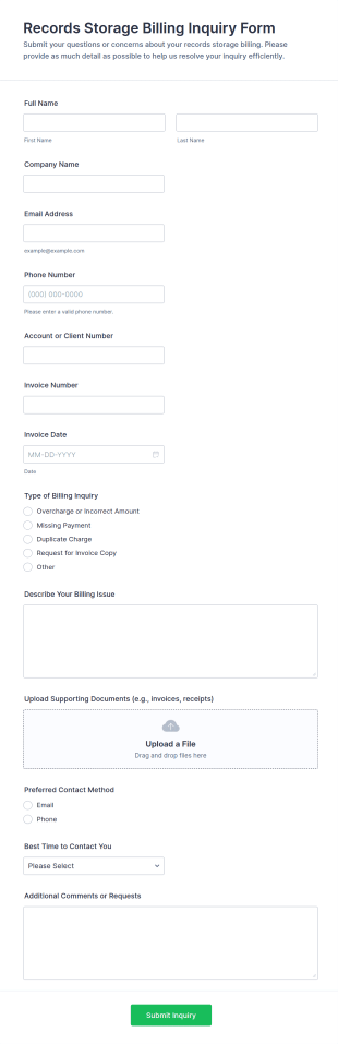 Records Storage Billing Inquiry Form Template