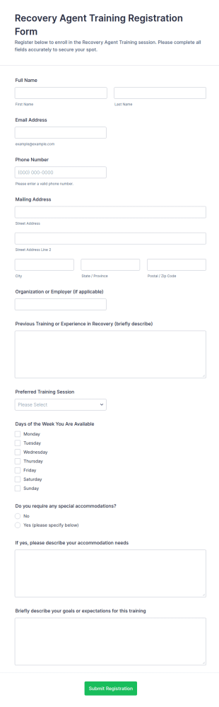 Recovery Agent Training Registration Form Template