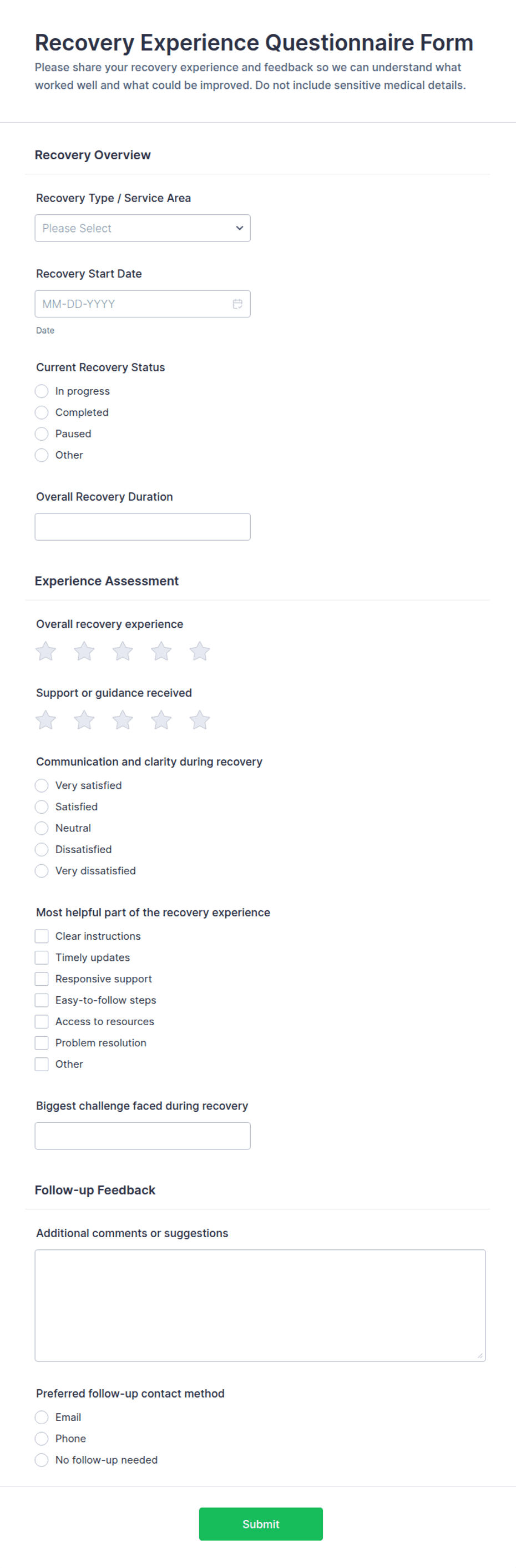 Recovery Experience Questionnaire Form Template | Jotform