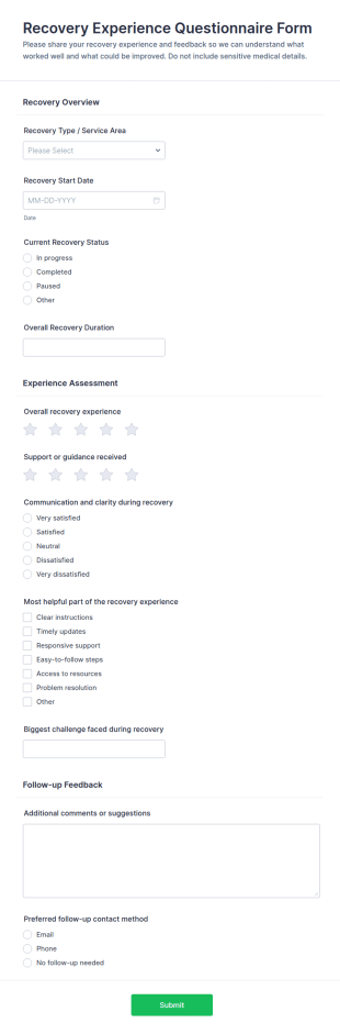 Recovery Experience Questionnaire Form Template