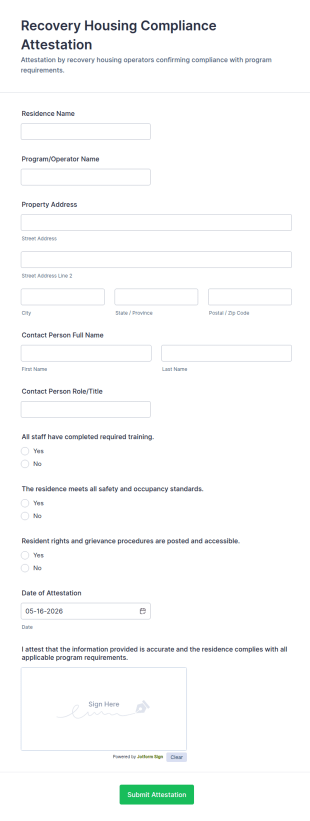 Recovery Housing Compliance Attestation Form Template