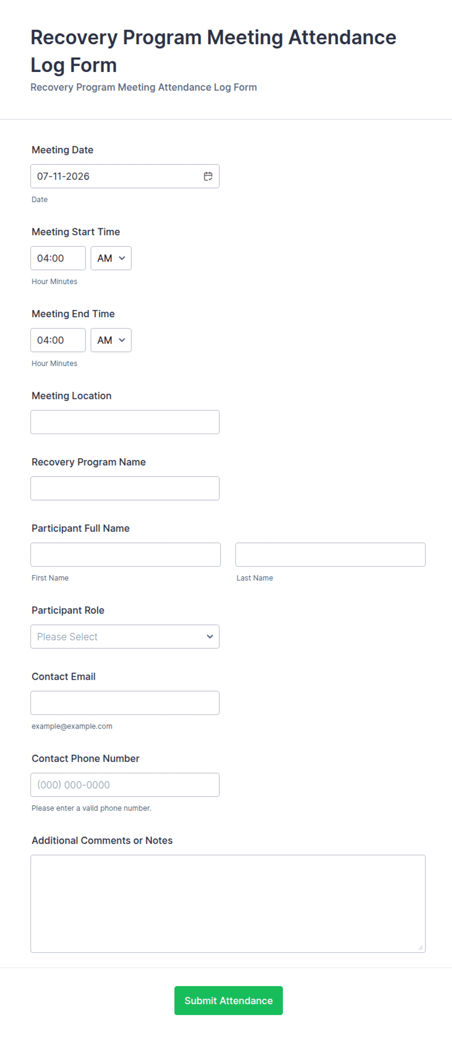 Recovery Program Meeting Attendance Log Form Template | Jotform