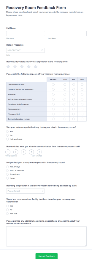 Recovery Room Feedback Form Template