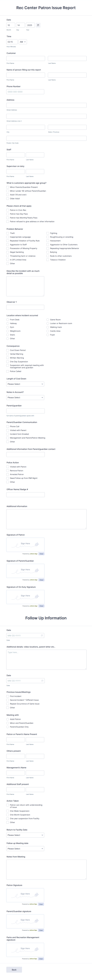 Recreation Center Customer Incident Report Form Template
