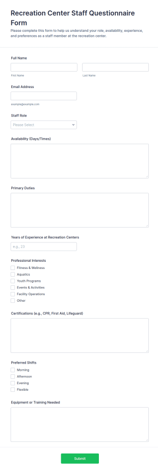 Recreation Center Staff Questionnaire Form Template
