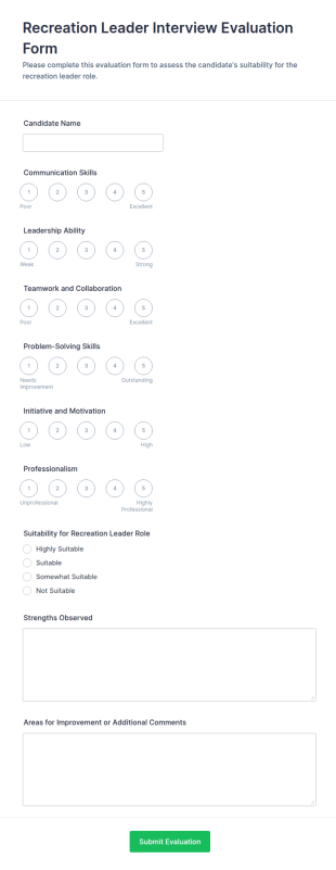 Recreation Leader Interview Evaluation Form Template