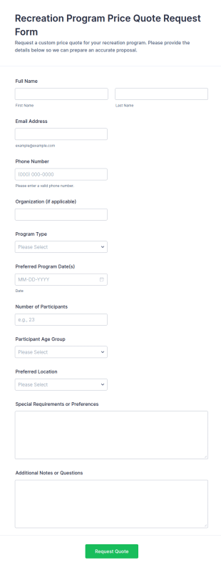 Recreation Program Price Quote Request Form Template