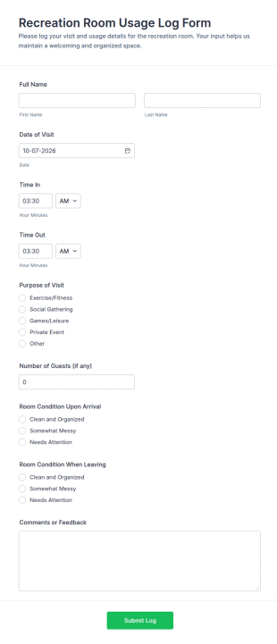 Recreation Room Usage Log Form Template