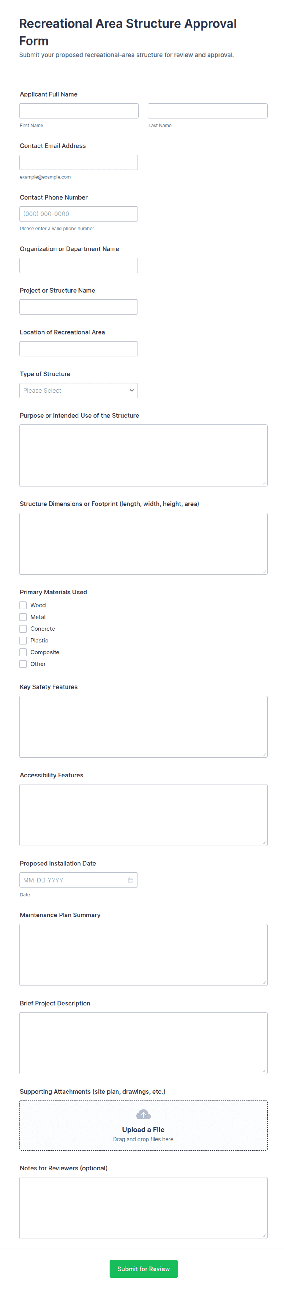 Recreational Area Structure Approval Form Template | Jotform